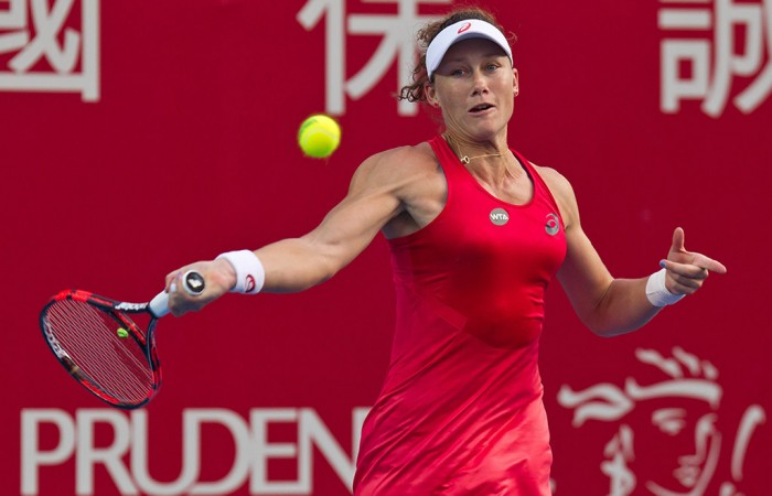 Sam Stosur plays forehand during her second-round win over Monica Puig at the Hong Kong Tennis Open; Getty images