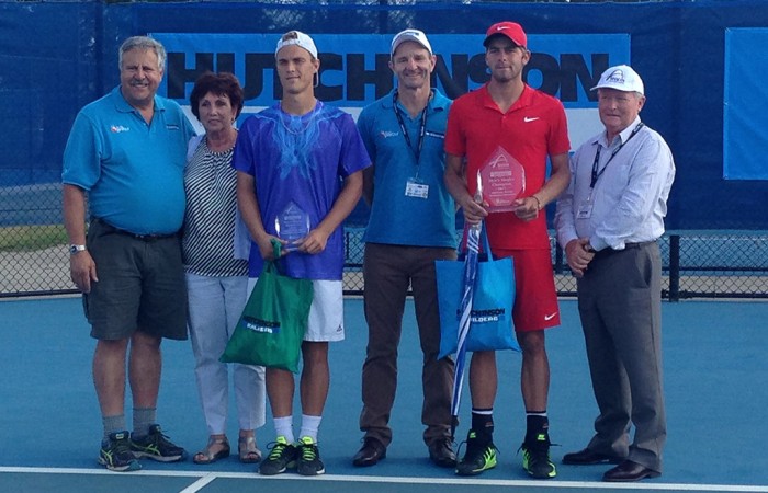 Robin Stanek (second from right) poses with the champions trophy after winning the 2015 Hutchinson Builders Toowoomba International; Tennis Australia