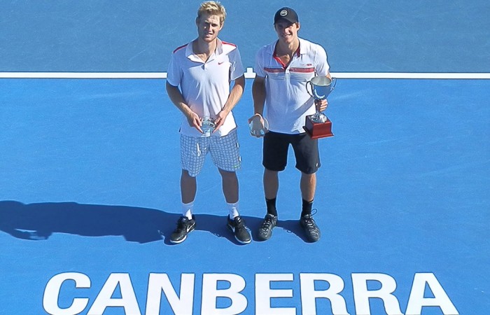Ben Mitchell (R) and Luke Saville pose during the trophy presentation following their final at the 2015 Canberra Tennis Internaitonal; Tennis Association