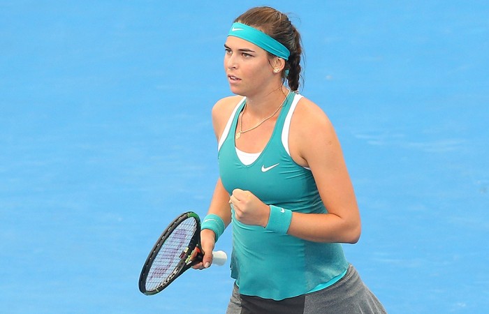 Ajla Tomljanovic celebrates her first-round upset win over Jelena Jankovic at Brisbane International 2015; Getty Images