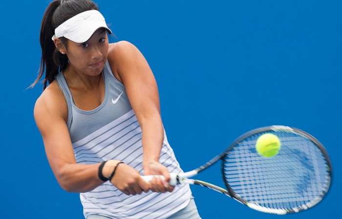 Priscilla Hon in action during her victory over Olivia Tjandramulia in the semifinals of the 18/U Australian Championships at Melbourne Park; Elizabeth Xue Bai