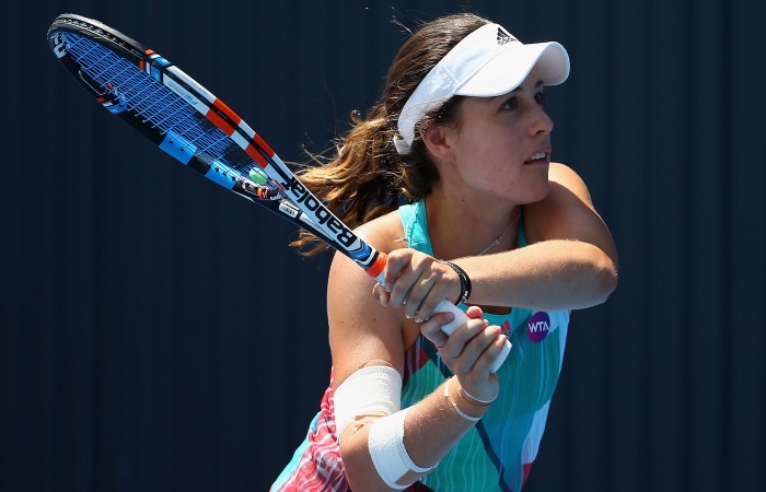 HOBART, AUSTRALIA - JANUARY 11: Kimberly Birrell of Australia plays a backhand in the women's singles match against Danka Kovinic of Montenegro during day two of the Hobart International at the Domain Tennis Centre on January 11, 2016 in Hobart Australia. (Photo by Robert Cianflone/Getty Images)
