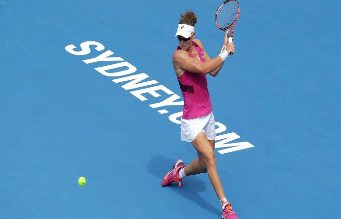 SYDNEY, AUSTRALIA - JANUARY 12: Sam Stosur of Australia plays a backhand in her match against Daniela Hantuchova of Slovakia during day three of the 2016 Sydney International at Sydney Olympic Park Tennis Centre on January 12, 2016 in Sydney Australia. (Photo by Mark Metcalfe/Getty Images)