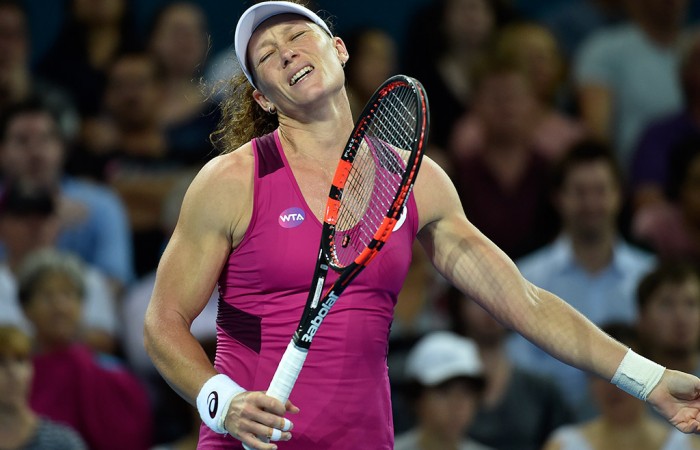 Sam Stosur shows her frustration during a three-set second round loss to Carla Saurez Navarro at Brisbane International 2016; Getty Images