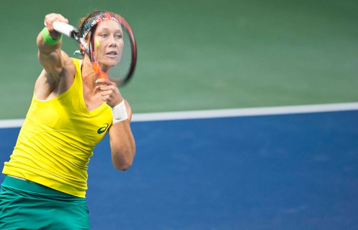 Sam Stosur in action against Jana Cepelova in the second singles rubber of the Australia v Slovakia World Group II first round tie in Bratislava; Roman Benicky