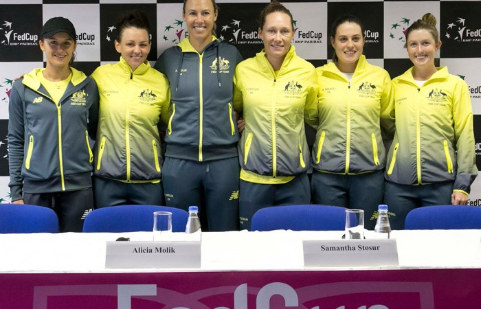 The Australian Fed Cup team (L-R) Arina Rodionova, Casey Dellacqua, captain Alicia Molik, Sam Stosur, Kimberly Birrell and Storm Sanders at the Australia v Slovakia Fed Cup pre-ties press conference in Bratislava; Roman Benicky
