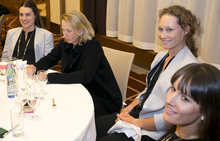 (L-R0 Kimberly Birrell, coach Nicole Pratt, Sam Stosur and Arina Rodionova at the Australian v SLovakia Fed Cup teams dinner; Tennis Australia