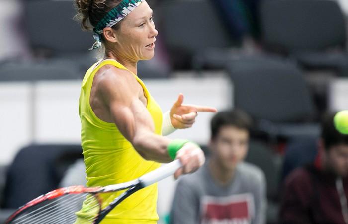 Sam Stosur in action during her victory over Jana Cepelova in the second singles rubber of the Australia v Slovakia Fed Cup tie; Roman Benicky