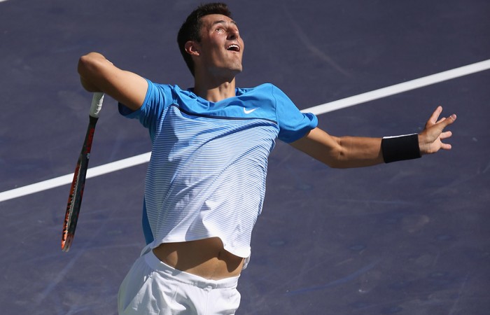 Bernard Tomic in action during his third-round loss to Milos Raonic at Indian Wells; BNP Paribas Open