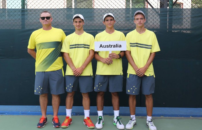 Australian Junior Davis Cup captain Jamie Morgan with his team of Thomas Bosancic, Alex Cronkrak and Sean Van Rensburg i INdia. Picture: Delhi Tennis Association