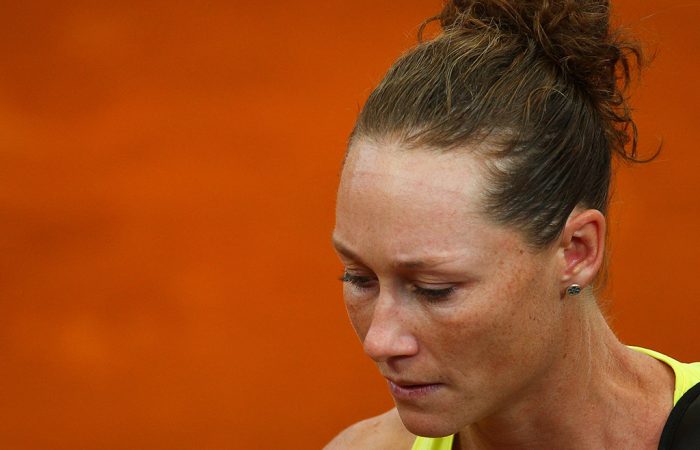 Sam Stosur departs Pat Rafter Arena after falling to Coco Vandeweghe in the reverse singles rubber of Australia's Fed Cup tie against the United States in Brisbane; Getty Images