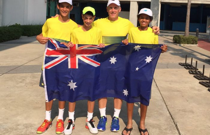 The Australian World Junior Tennis team of (L-R) Philip Sekulic, Alex Bulte, captain Bernie Goerlitz and Enzo Aguird at the Asia/Oceania final qualifying event in Nonthaburi, Thailand; Tennis Australia