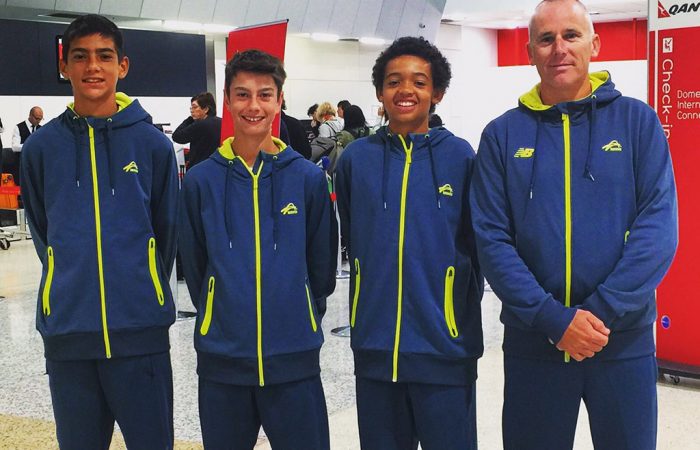 The Australian World Junior Tennis team of (L-R) Philip Sekulic, Alex Bulte, Enzo Aguiard and captain Bernie Goerlitz; Tennis Australia