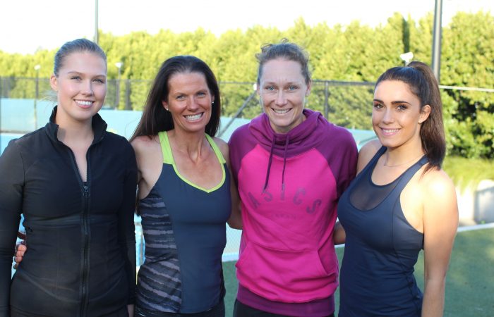 Sam Stosur with scholarship recipients (from left) Ellie Baxter, Maria Bailey, and Grace Primilyrlidis. 