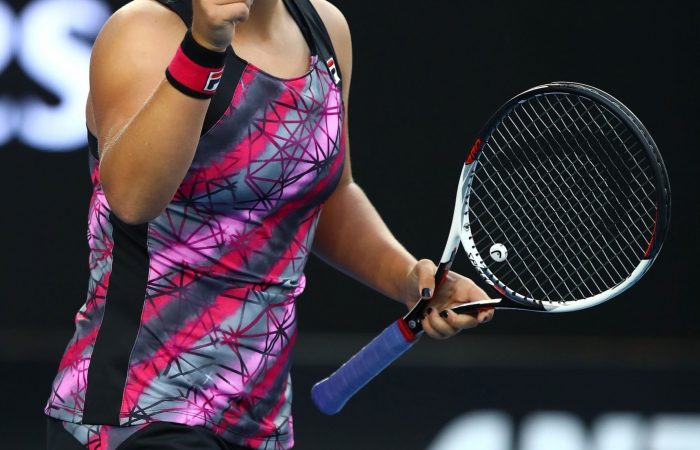MELBOURNE, AUSTRALIA - JANUARY 18: Ashleigh Barty of Australia celebrates winning her second round match against Shelby Rogers of the United States on day three of the 2017 Australian Open at Melbourne Park on January 18, 2017 in Melbourne, Australia. (Photo by Cameron Spencer/Getty Images)
