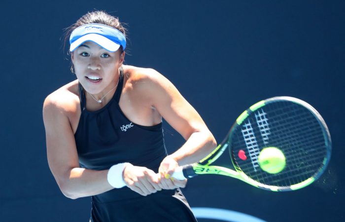 MELBOURNE, AUSTRALIA - JANUARY 16:  Lizette Cabrera of Australia plays a backhand in her first round match against Beatriz Haddad Maia of Brazil on day two of the 2018 Australian Open at Melbourne Park on January 16, 2018 in Melbourne, Australia.  (Photo by Pat Scala/Getty Images)