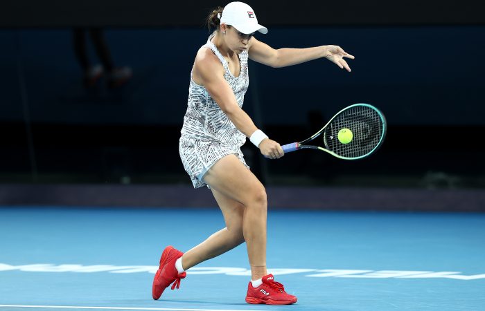 MELBOURNE, AUSTRALIA - JANUARY 27: Ashleigh Barty of Australia plays a backhand in her Women's Singles Semifinals match against Madison Keys of United States during day 11 of the 2022 Australian Open at Melbourne Park on January 27, 2022 in Melbourne, Australia. (Photo by Mark Metcalfe/Getty Images)