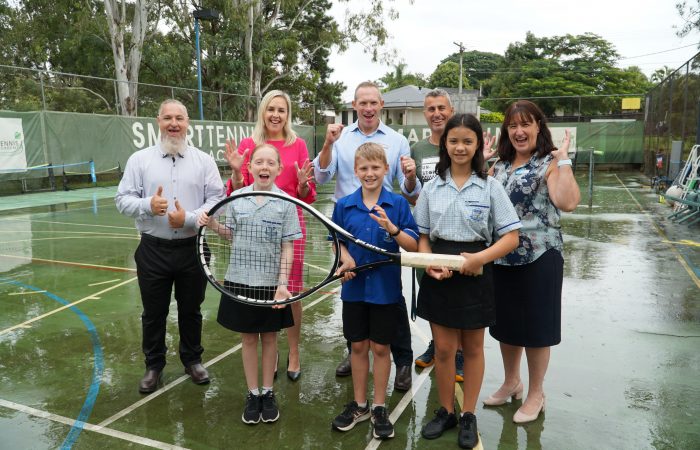 School Principal, Debbie Hinton; Coach, Serdar (Smart Tennis Academy); Hon Mick de Brenni MP; P&C President, Justin Skelton; School Captains, Kyra peters and Chayse Hartley with Vice Captain Jade Murphy.