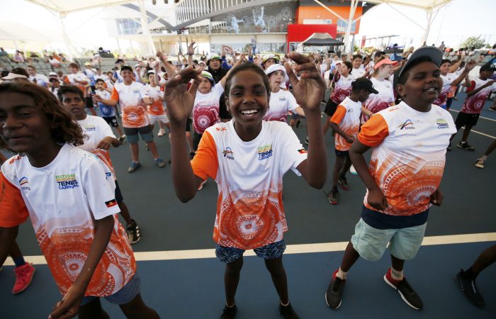 DARWIN, AUSTRALIA - AUGUST 30: Dance workshop during the National Indigenous Tennis Carnival at the Darwin International Tennis Centre on August 30, 2019 in Darwin, Australia. (Photo by Darrian Traynor/Getty Images)
