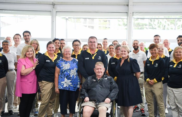 January 01: David Hubener and Cheryl Jenkins pose for a photograph with family, before the 2024 Brisbane International, on Monday, January 01, 2024. Photo by TENNIS AUSTRALIA/ SCOTT DAVIS