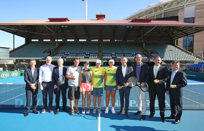 ADELAIDE, AUSTRALIA - FEBRUARY 02: Australia Davis Cup captain Lleyton Hewitt; Craig Tiley, Tennis Australia CEO; Tom Larner, Tennis Australia CEO; Kent Thiele, Tennis SA CEO; Steve Baldas, Tennis SA CEO; Steven Marshall, SA Premier; John Fitzgerald and Corey Wingard MP, SA Minister for Sport, Recreation and Racing pose during a press conference to announce that Memorial Drive is getting a $10 million-dollar redevelopment before the Davis Cup Qualifiers between Australia vs Bosnia and Herzegovina at Memorial Drive, Adelaide on February 01, 2019 in Adelaide, Australia. (Photo by Scott Barbour/Getty Images)