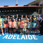 ADELAIDE, AUSTRALIA - FEBRUARY 02: Australia Davis Cup captain Lleyton Hewitt; Craig Tiley, Tennis Australia CEO; Tom Larner, Tennis Australia CEO; Kent Thiele, Tennis SA CEO; Steve Baldas, Tennis SA CEO; Steven Marshall, SA Premier; John Fitzgerald and Corey Wingard MP, SA Minister for Sport, Recreation and Racing pose with Super 10s children during a press conference to announce that Memorial Drive is getting a $10 million-dollar redevelopment before the Davis Cup Qualifiers between Australia vs Bosnia and Herzegovina at Memorial Drive, Adelaide on February 02, 2019 in Adelaide, Australia. (Photo by Scott Barbour/Getty Images)