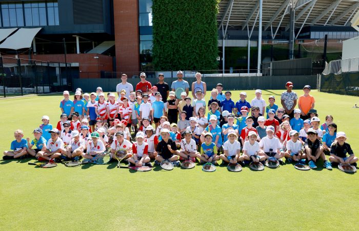 Kids at the Red Ball Challenge during Day 2 of the Adelaide International 2 at the Memorial Drive Tennis Centre in Adelaide on Tuesday, January 10, 2023. MANDATORY PHOTO CREDIT Tennis Australia/ James Elsby