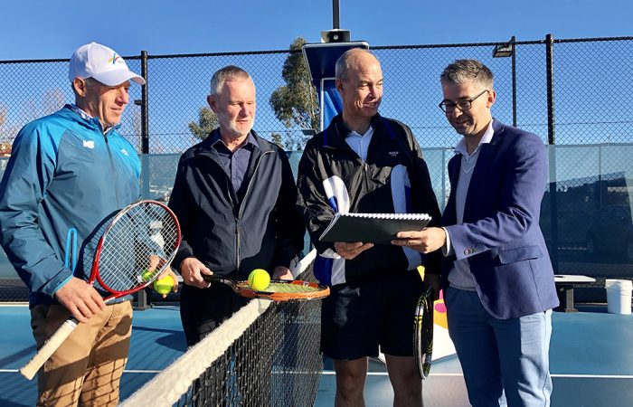 Centre manager Andrew Youl, Mayor Albert van Zetten, Liberal Lyons MP Guy Barnett and Tennis Tasmania's Darren Sturgess.