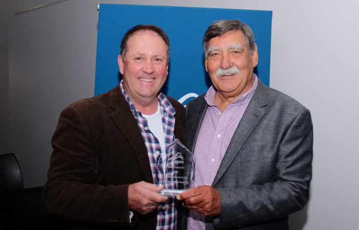Lindisfarne Memorial Tennis Club's Grant Fagan and Peter Hobday with the Tasmanian Tennis Award for Most Outstanding Club. Picture: Martin Turmine