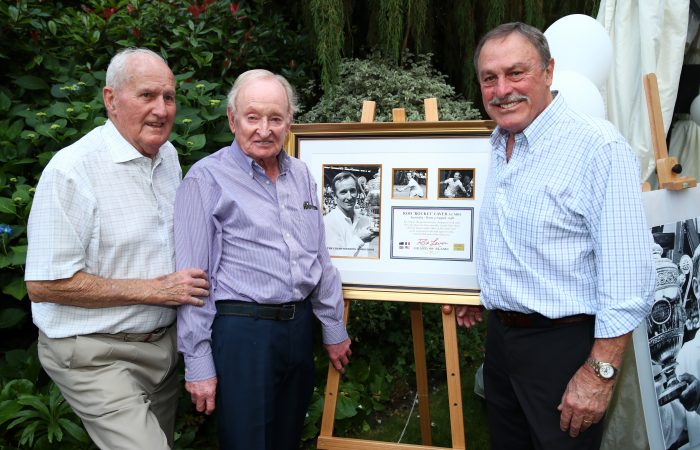 LEGEND: Neale Fraser, left, with Rod Laver and John Newcombe at Wimbledon in June; Getty Images