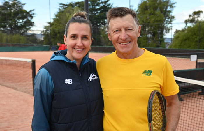 Tennis Tasmania 2024 Australian Seniors Championships Organiser, Hannah Sneath and local tennis legend, Stephen Dance