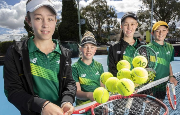 Former state reps Escher Case-Boag (far left) and Zola Case-Boag (second from right) with Bruce Cup reps Ruby Cleary and Lachie Sampson at the Domain Tennis Centre. Picture: Chris Kidd