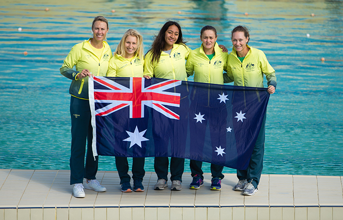 WOLLONGONG, AUSTRALIA - APRIL 20:  The Australian team poses for a photo during the official draw ahead of the World Group Play-Off Fed Cup tie between Australia and the Netherlands at the Wollongong Entertainment Centre on April 20, 2018 in Wollongong, Australia.  (Photo by Mark Nolan/Getty Images)