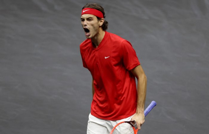 LONDON, ENGLAND - SEPTEMBER 24: Taylor Fritz of Team World celebrates victory in the singles match between Cameron Norrie of Team Europe and Taylor Fritz of Team World during Day Two of the Laver Cup at The O2 Arena on September 24, 2022 in London, England. (Photo by Clive Brunskill/Getty Images for Laver Cup)