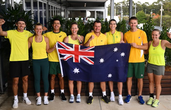 Alex de Minaur, Maddison Inglis, Jason Kubler, Samantha Stosur, Lleyton Hewitt, Ajla Tomljanovic, John Peers and Zoe Hives of Team Australia during Media Day for the 2023 United Cup at Ken Rosewall Arena in Sydney on Sunday, January 1, 2023. MANDATORY PHOTO CREDIT Tennis Australia/ JAMES GOURLEY
