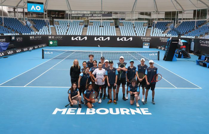 Teenagers take part in a tennis clinic sponsored by Infosys at the 2023 Australian Open in Melbourne on Monday, January 23, 2023. MANDATORY PHOTO CREDIT Tennis Australia/ LUIS ASCUI