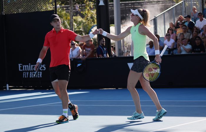 Andrew Harris and Alana Parnaby [AUS] play Desirae Krawczyk and Neal Skupski [USA] in the Mixed Doubles 3rd round, on Court 7. Day 8 of the 2023 Australian Open at Melbourne Park, Monday, January 23, 2023. MANDATORY PHOTO CREDIT Tennis Australia/ ALEX COPPEL