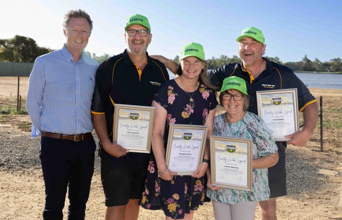 2023 inductees into the Country Legends, Neil Langstaff, Carmel Wileman, Georgina Parker and Frank Dekker with Tennis Victoria Chief Executive Officer Adam Crameri.  Victorian Country Week .Yarrawonga Lawn Tennis Club  on Sunday, February 12, 2023. MANDATORY PHOTO CREDIT TENNIS AUSTRALIA/FIONA HAMILTON