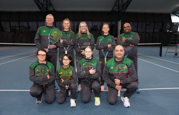Mark Haskett, Mick Leigh, Arato Katsuda-Green, Adam Fayad, Courtney Webeck, Courtney Lewis, Grace Hobbs, Phoebe David, Summer Giddings pose for a team photo as the Australian Blind Low Vision tennis team receive their Green and Gold uniforms at the National Tennis Centre, Melbourne on Thursday, July 13, 2023. MANDATORY PHOTO CREDIT TENNIS AUSTRALIA/ SCOTT BARBOUR