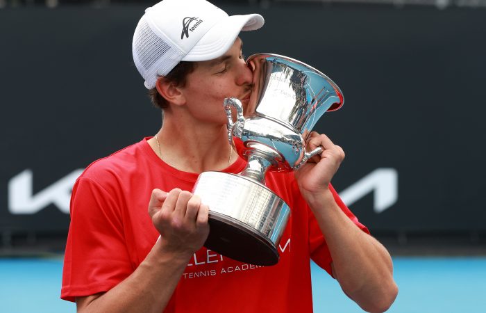 Daniel Jovanovski of Victoria with the trophy after victory over Chase Zhao of New South Wales in the U16 Boys final at the 2023 December Showdown at Melbourne Park on Saturday, December 16, 2023. Photo by TENNIS AUSTRALIA/ HAMISH BLAIR