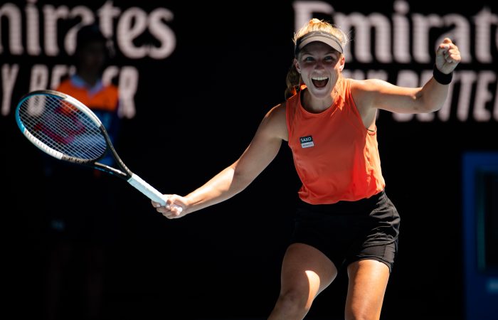 MELBOURNE, AUSTRALIA - JANUARY 20: Maddison Inglis of Australia reacts to converting match point in her second round singles match against Hailey Baptiste of the United States at the 2022 Australian Open at Melbourne Park on January 20, 2022 in Melbourne, Australia. (Photo by Robert Prange/Getty Images)