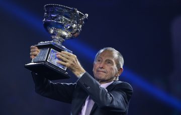 MELBOURNE, AUSTRALIA - JANUARY 29:  Two time Australian Open champion Ashley Cooper presents the Norman Brookes Challenge Cup ahead of the Men's Final match between Roger Federer of Switzerland and Rafael Nadal of Spain on day 14 of the 2017 Australian Open at Melbourne Park on January 29, 2017 in Melbourne, Australia.