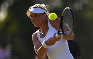 LONDON, ENGLAND - JUNE 22: Maddison Inglis of Australia plays backhand against Mandy Minella of Luxembourg in their Woens' Qualifying Singles match during Day 3 of Wimbledon Championships Qualifying at Wimbledon Qualifying & Community Sports Centre on June 22, 2022 in London, England. (Photo by Justin Setterfield/Getty Images)