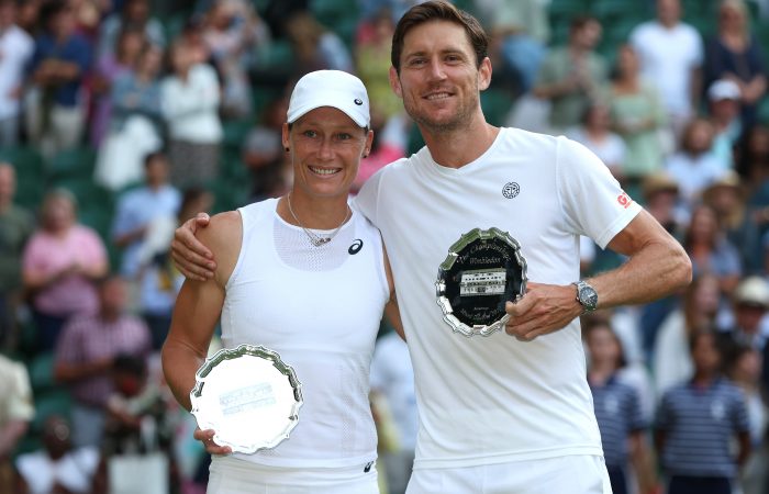 LONDON, ENGLAND - JULY 07: Matthew Ebden of Australia and partner Samantha Stosur of Australia hold up their runners up Trophies follwing defeat against Neal Skupski of Great Britain and Desirae Krawczyk of The United States during the Mixed Doubles Final Match on day eleven of The Championships Wimbledon 2022 at All England Lawn Tennis and Croquet Club on July 07, 2022 in London, England. (Photo by Clive Brunskill/Getty Images)