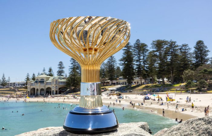 PERTH, AUSTRALIA - DECEMBER 20: The United Cup trophy is pictured at Cottesloe Beach during a United Cup media opportunity at Cottesloe Beach on December 20, 2022 in Perth, Australia. (Photo by Paul Kane/Getty Images for Tennis Australia)