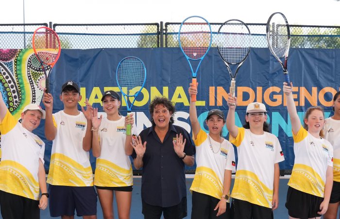 Evonne Goolagong Cawley poses with children at the Darwin International Tennis Centre for the National Indigenous Tennis Carnival on Thursday, August 10, 2023. MANDATORY PHOTO CREDIT Tennis Australia/ SCOTT BARBOUR