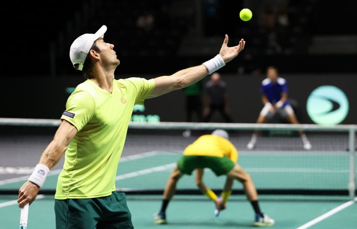 MANCHESTER, ENGLAND - SEPTEMBER 14: Matthew Ebden of Team Australia serves during the Davis Cup Finals Group Stage match between France and Australia at AO Arena on September 14, 2023 in Manchester, England. (Photo by Matt McNulty/Getty Images for ITF)