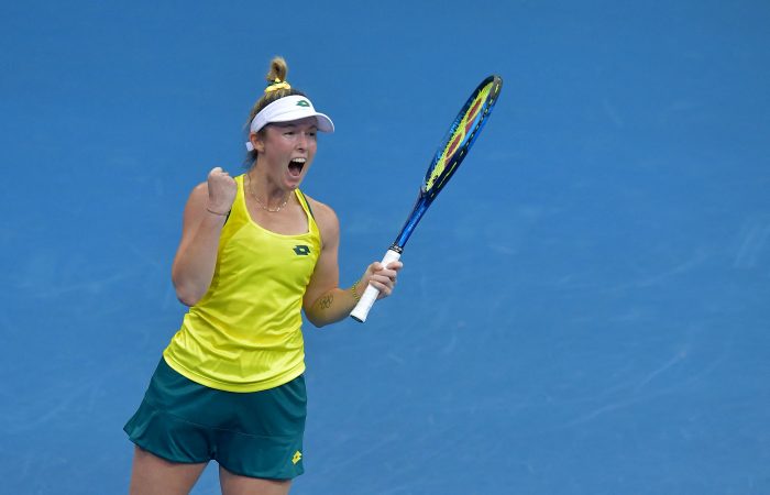 Storm Sanders of Australia celebrates after defeating Yuliya Hatouka of Belarus (not pictured) in their tennis match of the Billie Jean King Cup finals between Belarus and Australia on November 4, 2021 in Prague. (Photo by Michal Cizek / AFP) (Photo by MICHAL CIZEK/AFP via Getty Images)