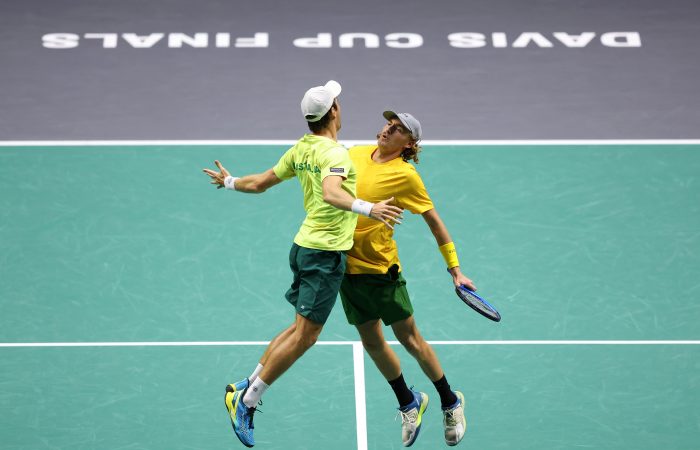 MANCHESTER, ENGLAND - SEPTEMBER 14: Matthew Ebden and Max Purcell of Team Australia celebrate with a chest bump after winning the doubles match against Edouard Roger-Vasselin and Nicolas Mahut winning a point during the Davis Cup Finals Group Stage match between France and Australia at AO Arena on September 14, 2023 in Manchester, England. (Photo by Matt McNulty/Getty Images for ITF)