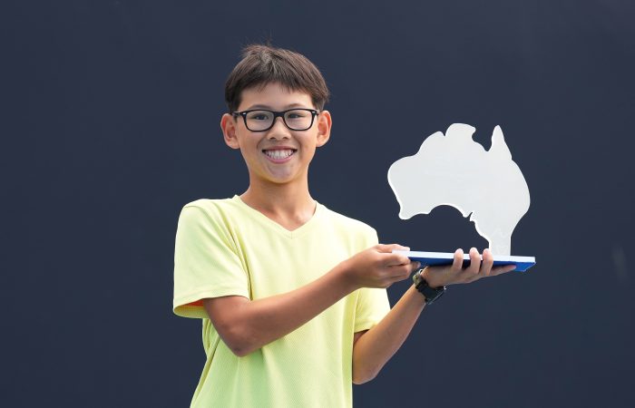 Aidan CHAN after winning the Boys Singles Final at the 12/u Championships at the 2023 December Showdown at Melbourne Park on Friday, December 15, 2023. Photo by TENNIS AUSTRALIA/ SCOTT BARBOUR